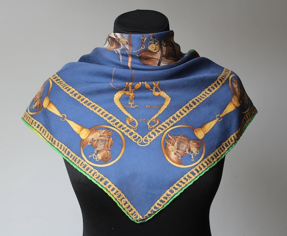 Vintage Equestrian Designer Scarf Blue Yellow Squ… - image 2