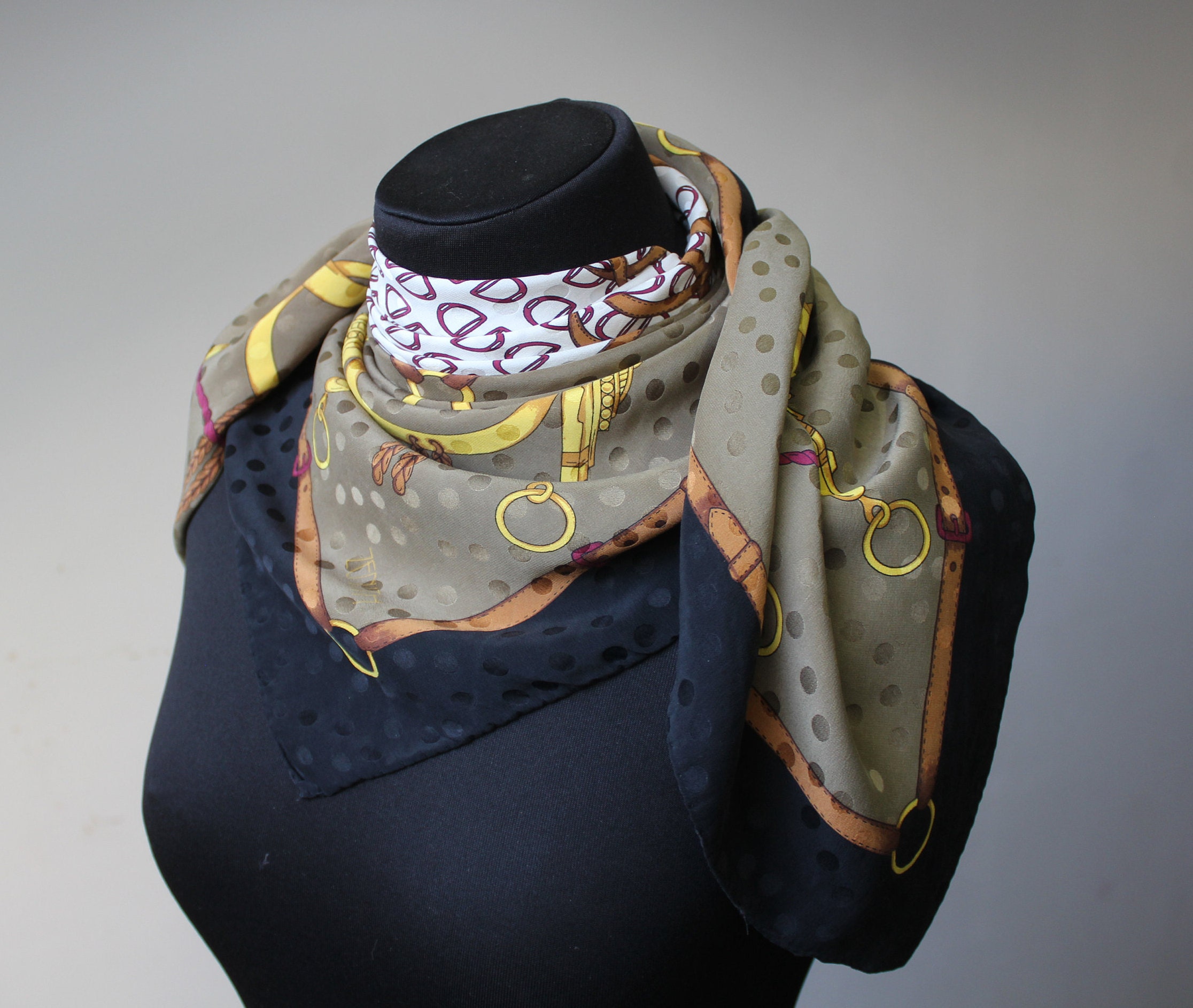 Vintage Authentic Equestrian Silk Scarf Designer Beige Black Etsy