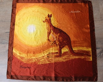 Vintage Australische sjaal: kangoeroeprint, verbrandoranje zonsondergangsjaal