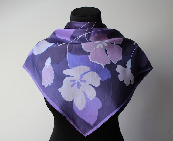 Purple Floral Silky Scarf Vintage Violet Tones Co… - image 1