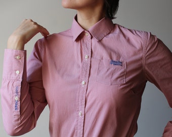 Vintage Superdry Plaid Shirt: Women's Pink White Cotton Button-Down (Size S)