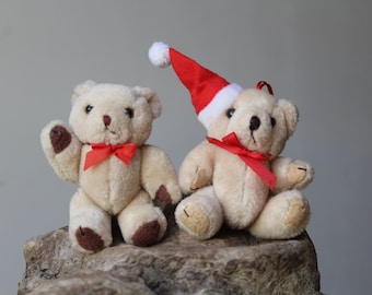 Lot of 2 Teddy Bear Santa 5" Vintage Germany Small Jointed Plush Bear Beige fur Mini Stuffed teddy Christmas toys