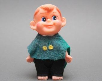 Vintage German Rubber Doll: 3" Green Cape, Collectible Toy