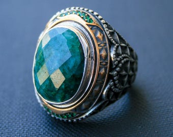 Faceted Emerald Ring – Handmade 925 Sterling Silver Vintage Ring