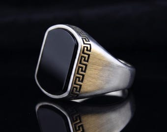 Greek Key Silver Ring with Black Onyx – Bold Minimalist Men's Jewelry