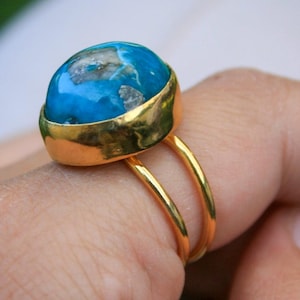 Turquoise Ring, Gold Plated Sterling Silver 925, Adjustable Gemstone Ring, Handmade Boho Jewelry, Healing Crystal Ring, Gift for Her