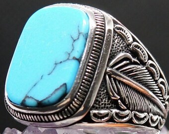 Men's Handmade Ring-Men's Silver Ring-Turquoise Men's Ring-Turkish Handmade Silver-925k Sterling Silver Ring-  Ring-Gift for Him