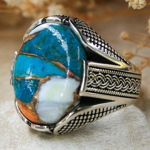 Spiny Oyster Stone Handmade Ring-men's Silver Ring-turquoise Men's Ring ...