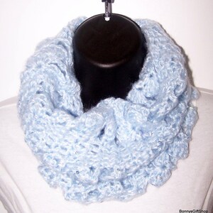 Hand Crocheted Sequin Cowl Scarf - Baby Blue Acrylic