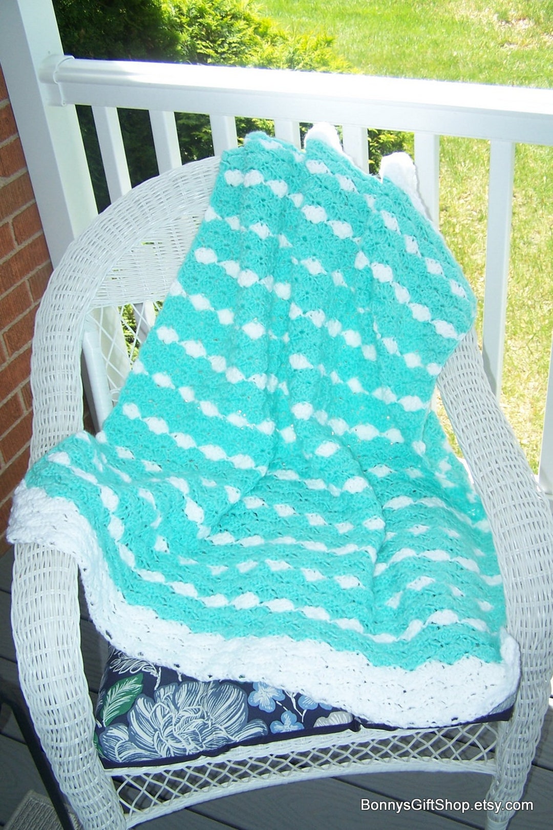 Mint Green, White, Baby Blanket, Hand Crochet, Crib Size, Child Afghan