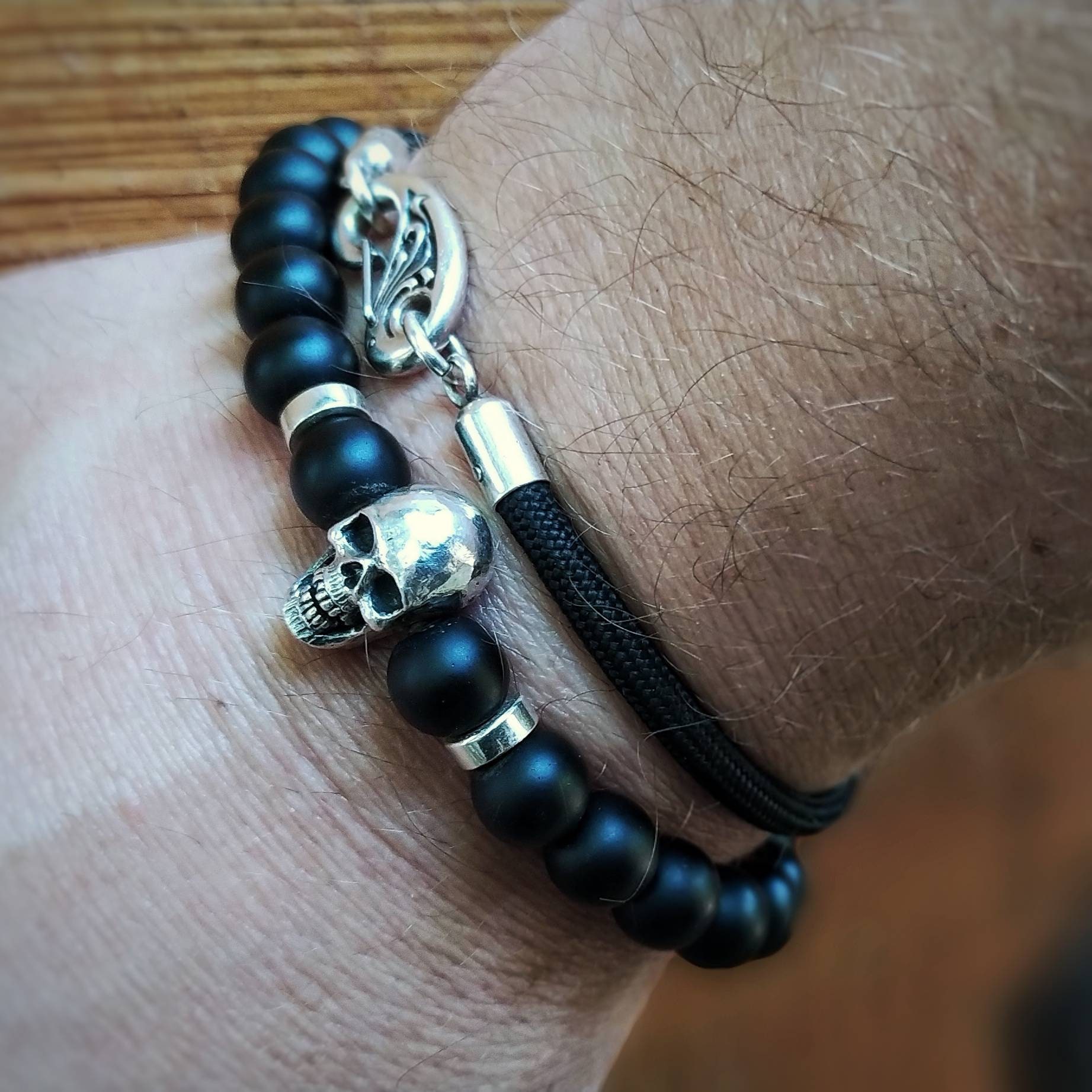 Skull bead bracelet Black bead bracelet Silver bead bracelet Etsy