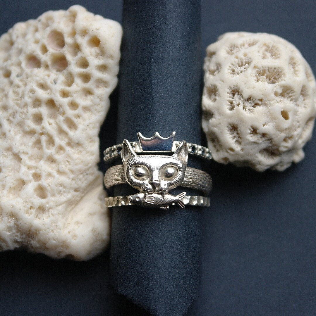 Stacking Triple Crowned Cat Ring Funny Cat Jewelry Triple Ring Set ...