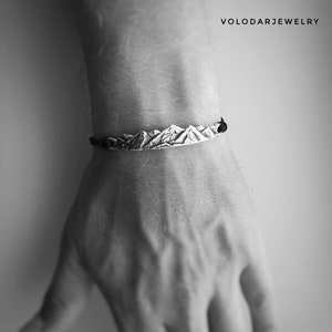 Sterling Silver Mountains Bracelet, Adjustable Cord - Gift for Climbers