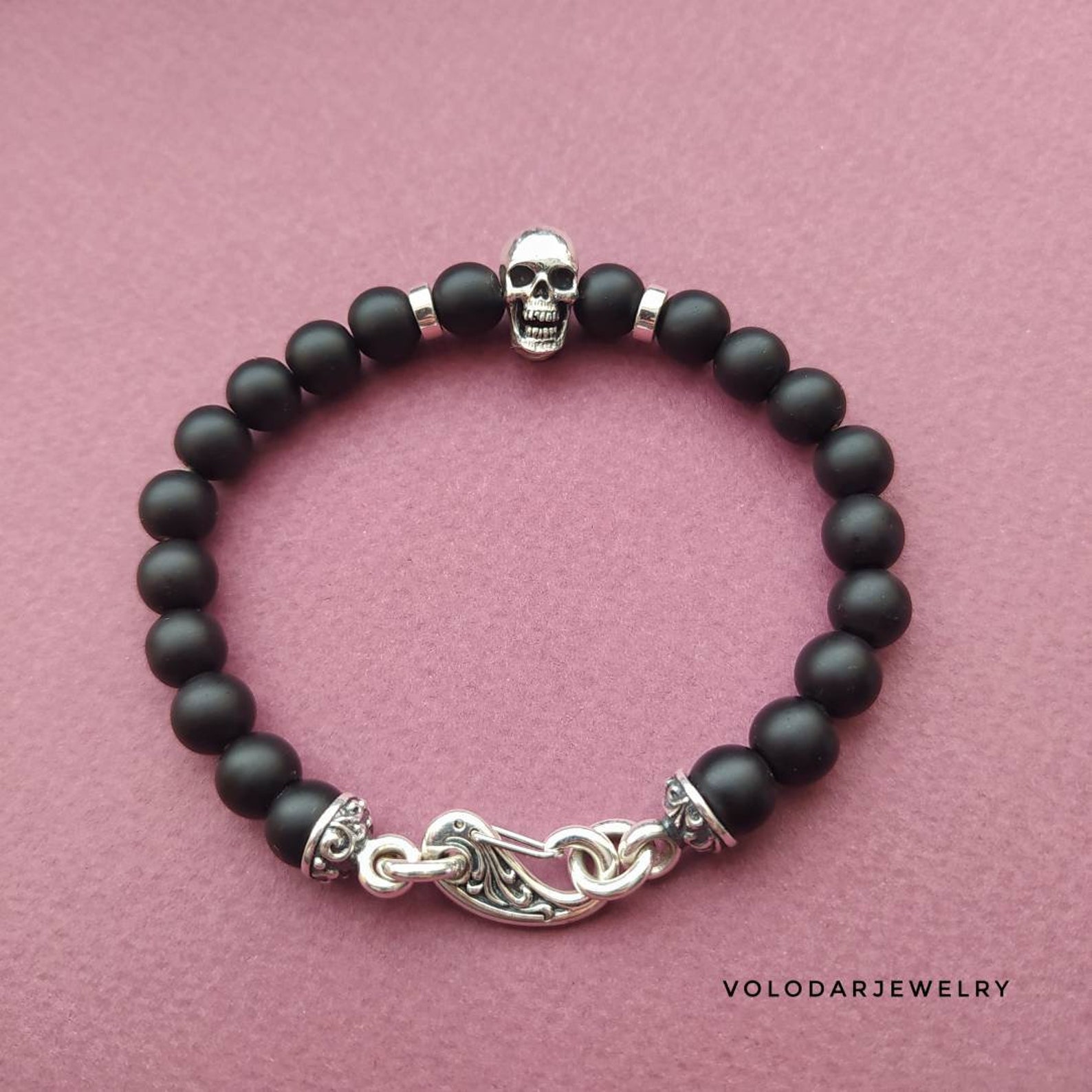 Skull bead bracelet Black bead bracelet Silver bead bracelet Etsy