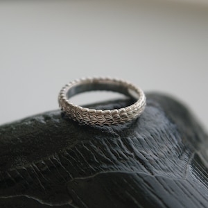 Peut inclure: Une bague en argent avec un motif texturé en forme d'écailles. La bague est posée sur une surface sombre et texturée. Le design de la bague est complexe et détaillé, mettant en valeur une esthétique unique. La bague est un bijou.