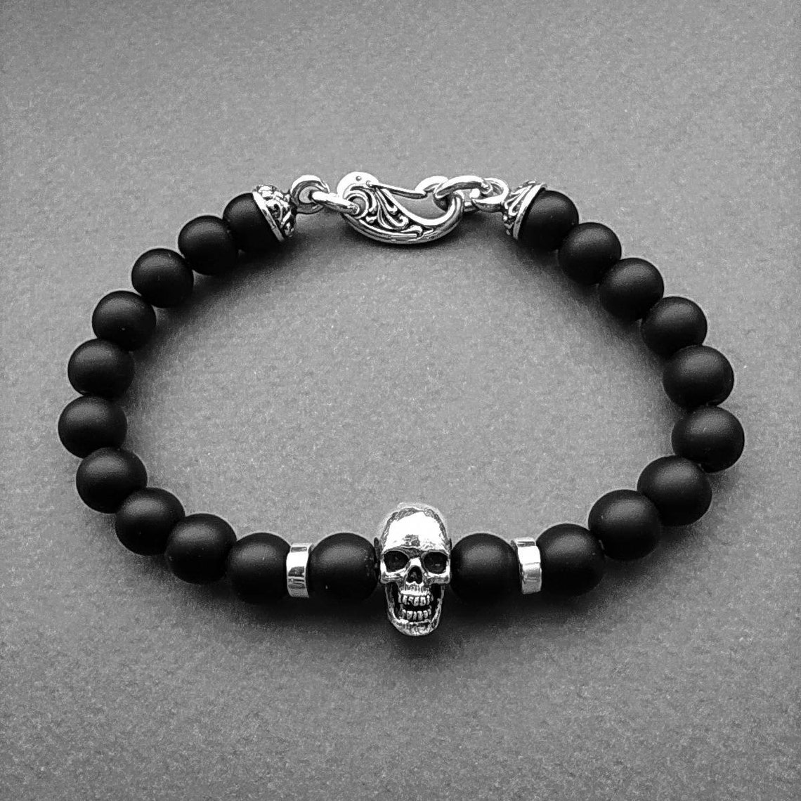 Skull bead bracelet Black bead bracelet Silver bead bracelet Etsy