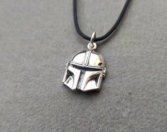 Sterling Silver Mandalorian Helmet Necklace, Adjustable Cord
