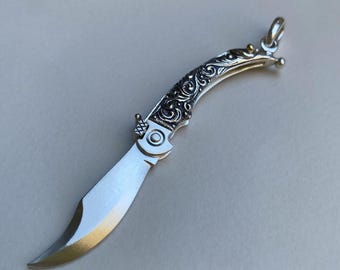 Sterling Silver Navaja Pendant, Functional Miniature Folding Knife Necklace, Hand Engraved Artisan Jewelry, Collector Gift for Him