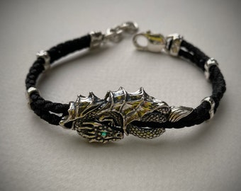 Sterling Silver Dragon Bracelet, Fantasy Dragon Jewelry, Emerald Dragon Bracelet, Handmade Silver Bracelet, Dragon Gift for Men and Women