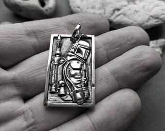 Space Hunter Pendant Necklace, Sterling Silver Sci Fi Jewelry, Galactic Warrior Necklace, Space Explorer Gift, Handmade Silver Pendant