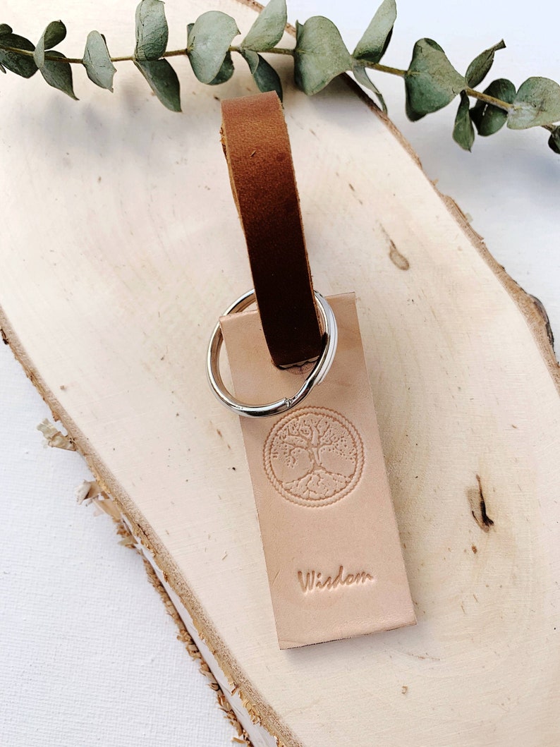 Keychain Travel Tag Real Genuine Leather Luggage Tag Tan Natural Luggage Tag Hand Stamped Leather Wisdom Stamp Tree Stamp