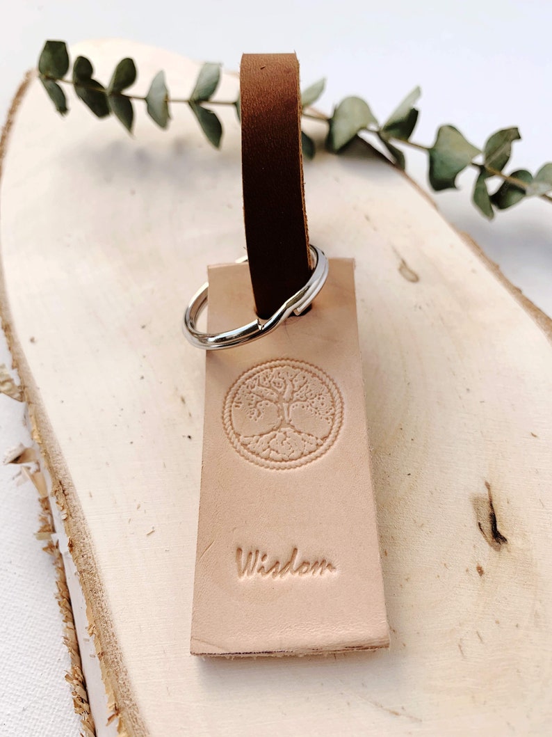 Keychain Travel Tag Real Genuine Leather Luggage Tag Tan Natural Luggage Tag Hand Stamped Leather Wisdom Stamp Tree Stamp