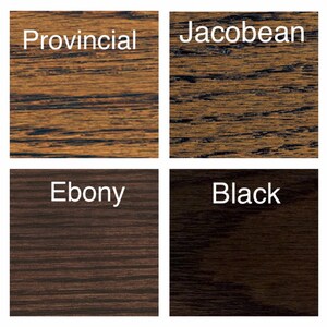 May include: Four wood samples showing different wood stains: Provincial, Jacobean, Ebony, and Black.