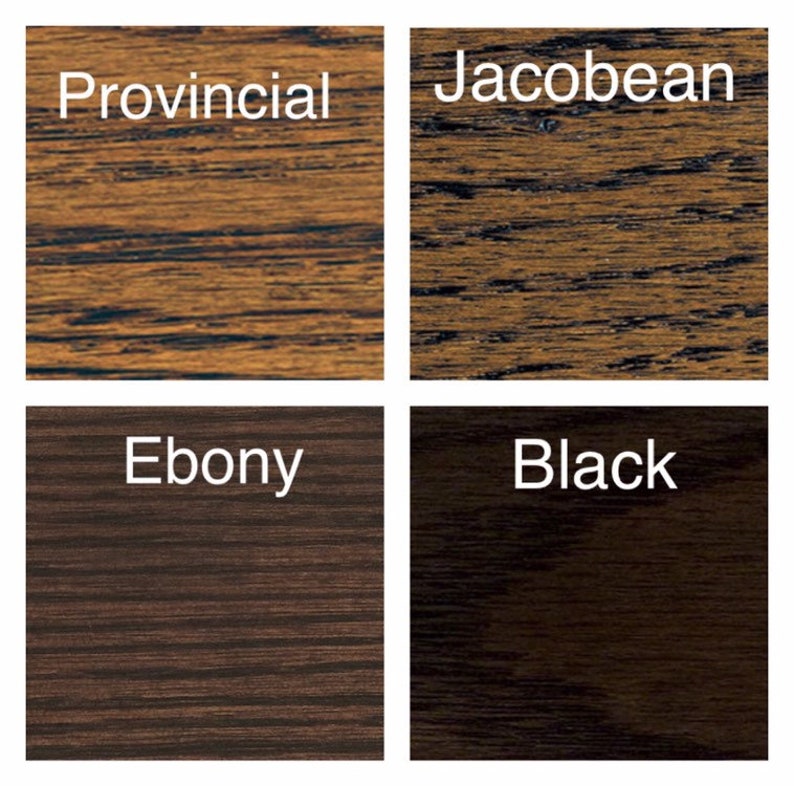 May include: Four wood samples showing different wood stains: Provincial, Jacobean, Ebony, and Black.