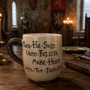 May include: A cream-colored ceramic mug with a dark brown handle and base, featuring black hand-painted text that reads: Then He Said Unto Felicia Make Haste With Thy Departure. The mug has a rustic, speckled finish and a cylindrical shape.