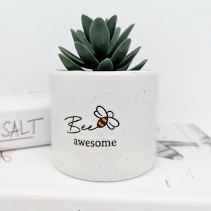 May include: White ceramic planter with a green succulent plant. The planter has a black and yellow bee illustration and the text "Bee awesome".
