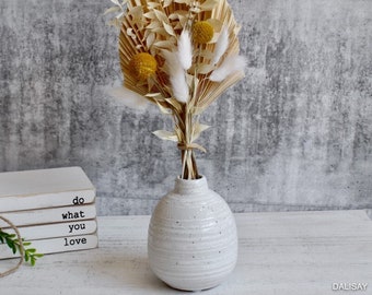 White Lines Ceramic Bud Vase, 10cm | White Flower Pot | Dried Flower Vase