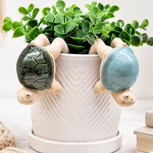 May include: A white ceramic planter with a chevron pattern and a matching saucer, featuring two decorative turtle figurines hanging over the rim. One turtle has a dark green shell, and the other has a light blue shell. A green plant sits inside.