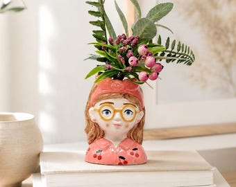 Rosa hårrosettflicka i keramik | Kruka för suckulenter, växter, blommor, örter