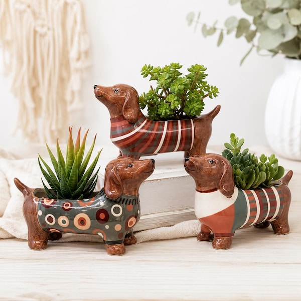 Bunter Keramik-Pflanztopf in Dackelform | Geschenk für Dackel-Fans