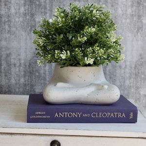 May include: A white ceramic planter shaped like a person sitting in a meditative pose, with a green leafy plant inside. The planter has a speckled finish and is sitting on top of a purple book with the title "Antony and Cleopatra" on the cover.