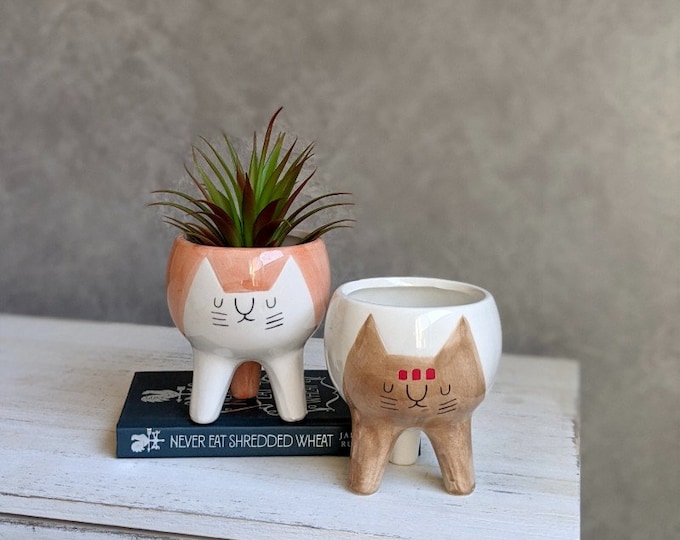 Weiß Brauner Kitty Katze Übertopf aus Keramik | Katzen Blumentopf | Katzentopf | Süße Katze | Tier Pflanzer | Mit Drainageloch | Sukkulenten Pflanzer