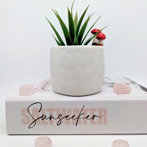 May include: White ceramic planter with a green succulent plant and two red mushroom figurines. The planter is sitting on a book with the text "Sunseeker" printed on the cover.