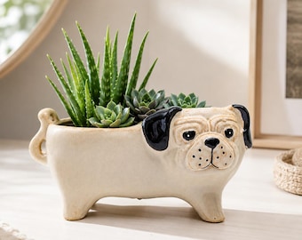 May include: A cream-colored ceramic planter shaped like a pug dog with black ears and a black nose. The planter features a textured surface and holds a collection of green succulent plants, including a tall aloe vera and smaller rosette succulents.