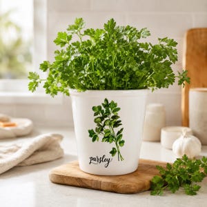 Può includere: Un vaso in ceramica bianca contenente una pianta di prezzemolo verde brillante. La parte anteriore del vaso presenta un'illustrazione botanica dettagliata di un rametto di prezzemolo e la parola parsley scritta in corsivo nero.