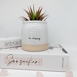 May include: A white ceramic planter with a beige base, containing a faux succulent plant with green and burgundy leaves. The planter has the words "Be happy" in black script. The planter sits on a book with the word "Sunseeker" on the cover.