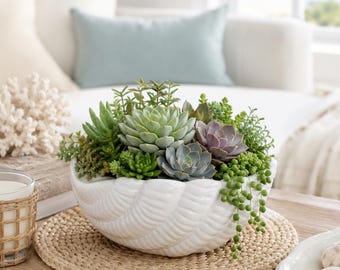 White Ceramic Clam Shell Planter Pot - Coastal Home Decor
