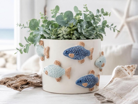 Schwimmenfisch-Keramik-Übertopf | Gartentopf für Kräuter, Pflanzen, Sukkulenten, Blumen