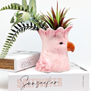 May include: A pink ceramic parrot-shaped vase holding greenery and flowers. The vase has a detailed beak and eye, and is sitting on top of two books with the text "SAND + SALT" and "Sunseeker".