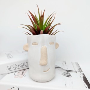 Può includere: Vaso in ceramica bianca a forma di viso con un'espressione con gli occhi chiusi e un piccolo naso. Il vaso è riempito con una pianta grassa verde.