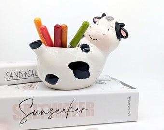 Relaxing Ceramic Cow Planter: Succulent Pot, Pen Holder