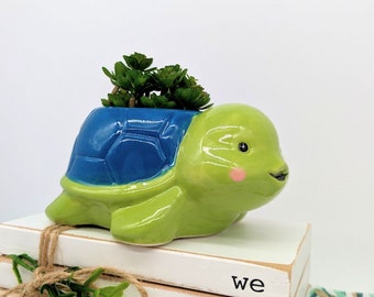 Blue Green Ceramic Turtle Planter: Succulent Pot with Drainage
