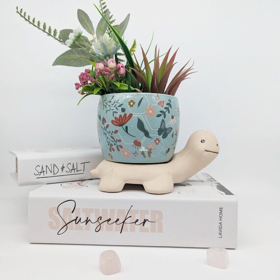 Blue Floral Ceramic Turtle Planter Pot: Gardening Gifts
