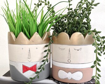 Maceta de hormigón con cara de príncipe y princesa / Decoración infantil