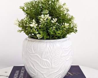 Matt White Leaves Ceramic Pot Planter | Leaves Planter | Coastal White Pot | Pots For Plants | With Drainage Hole