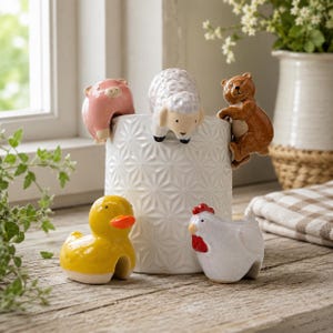 Ceramic Animal Pot Sitter: Duck, Bear, Sheep, Pig, Chicken
